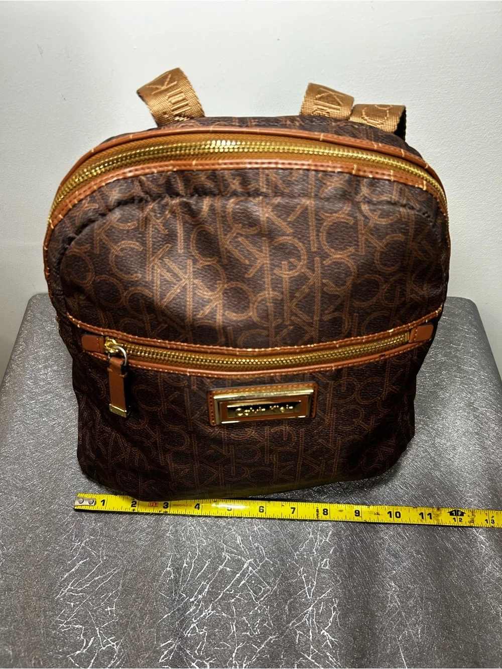 Calvin Klein Brown Logo Print Backpack Zip Front Pocket Gold Hardware